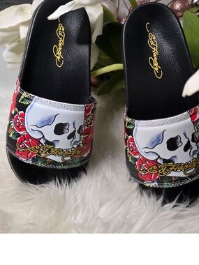 Ed Hardy Black Slide Sandals with Skull & Red Rose Artwork NWOT